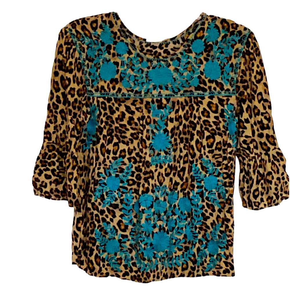 Layerz Clothing Boho top , leopard print with turquoise embroidery, size M